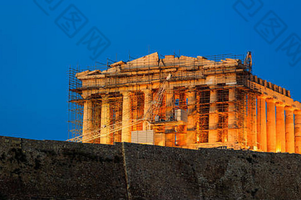卫城雅典希腊蓝色的天空背景恢复作品