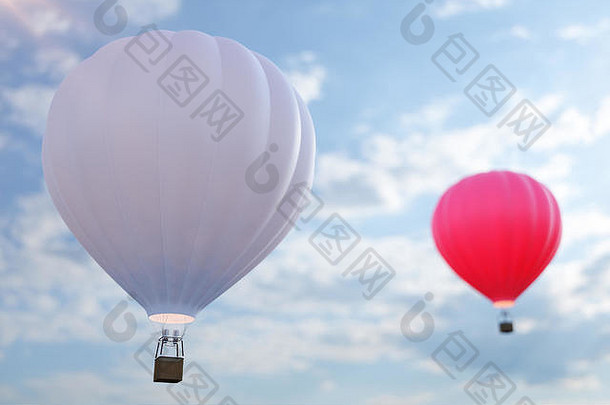 插图热空气气球天空背景白色红色的蓝色的绿色黄色的空气气球苍蝇天空