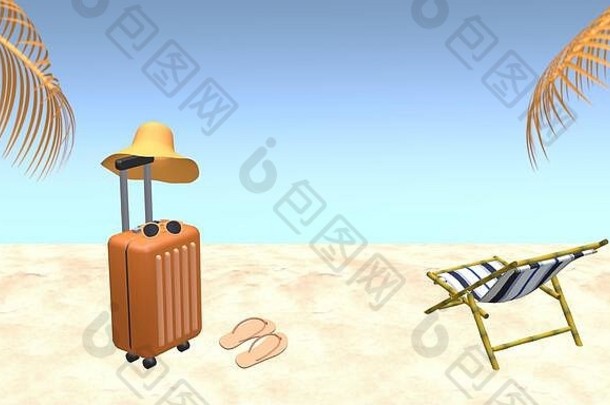 橙色手提箱他太阳镜释放棕榈树叶子海滩椅子海滩蓝色的天空背景夏天旅行假期假期