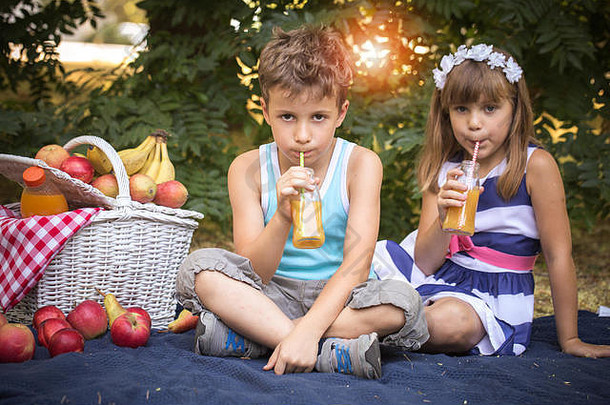 快乐可爱的女孩男孩坐着毯子公园喝汁玩美丽的阳光明媚的夏天一天爱