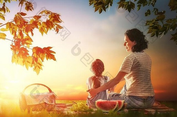 家庭野餐年轻的妈妈。孩子女儿女孩享受健康的户外餐坐着绿色草夏天公园