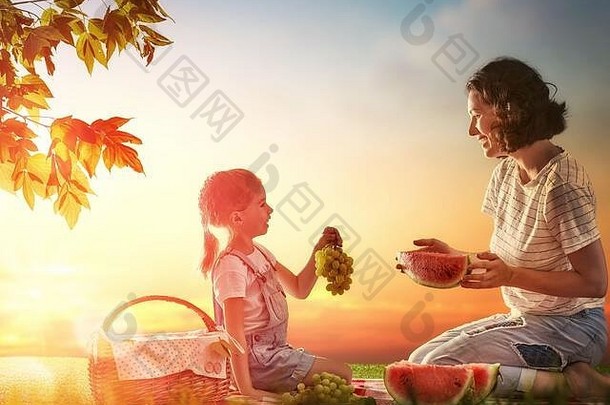 家庭野餐年轻的妈妈。孩子女儿女孩享受健康的户外餐坐着绿色草夏天公园