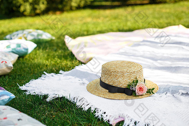 稻草他新鲜的花躺白色野餐毯子绿色草坪上明亮的夏天一天背景夏天周末休闲