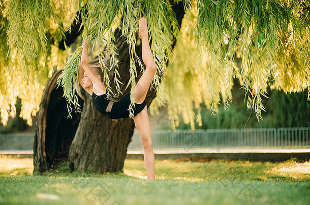 女孩体操运动员执行锻炼站吞下构成草坪上公园