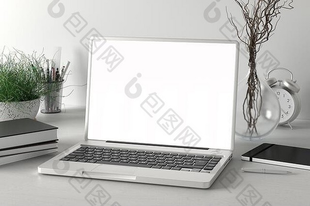 工作空间空白移动PC监控白色屏幕模拟白色桌子上白色墙插图