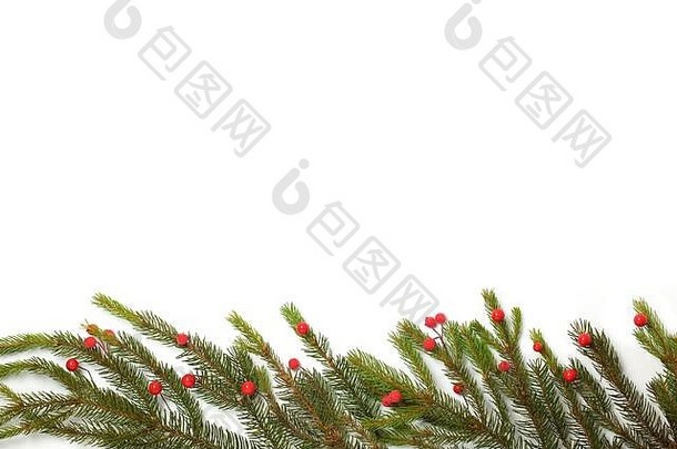 圣诞节模拟松分支机构白色背景复制空间平铺美丽的装饰圣诞节树假期背景
