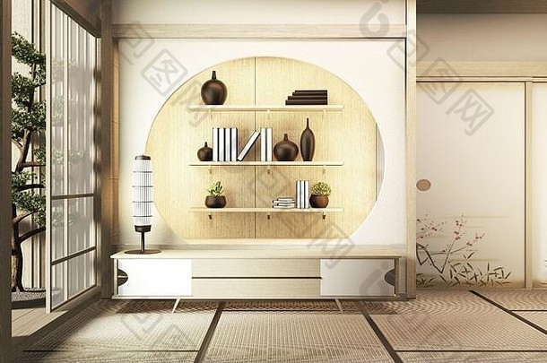 室内内阁木现代生活房间日本风格白色墙背景呈现