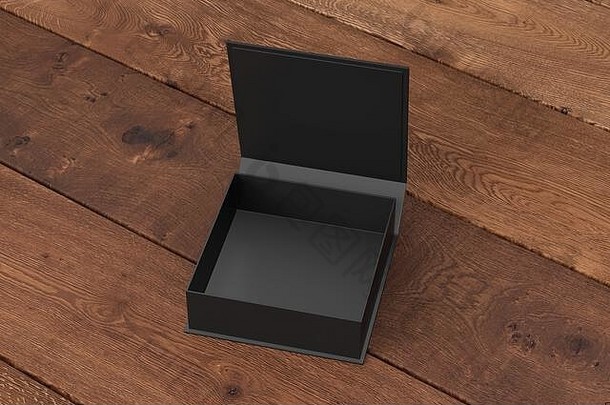 空白黑色的平广场礼物盒子打开铰链皮瓣成员黑暗木背景剪裁路径盒子模拟插图