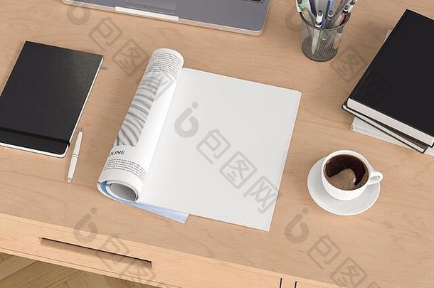 空白杂志页面工作空间杂志模拟木桌子上杯咖啡一边视图插图