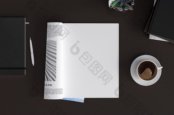 空白杂志页面工作空间杂志模拟黑暗木桌子上杯咖啡直接视图插图
