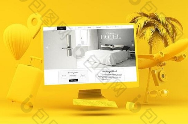 黄色的电脑酒店网站呈现概念