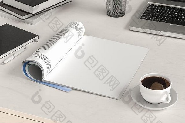 空白杂志页面工作空间杂志模拟白色桌子上杯咖啡一边视图插图