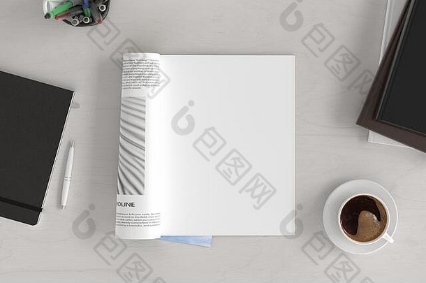 空白杂志页面工作空间杂志模拟白色桌子上杯咖啡直接视图插图