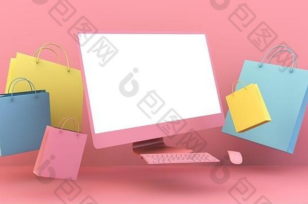 浮动电脑购物袋粉红色的背景呈现