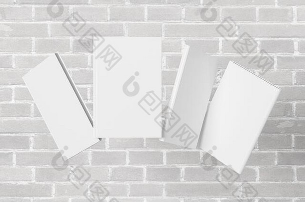 空白书封面模拟飞行白色砖墙前面脊柱回来封面的观点插图