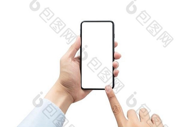 商人黑色的智能手机空白屏幕孤立的白色背景剪裁路径