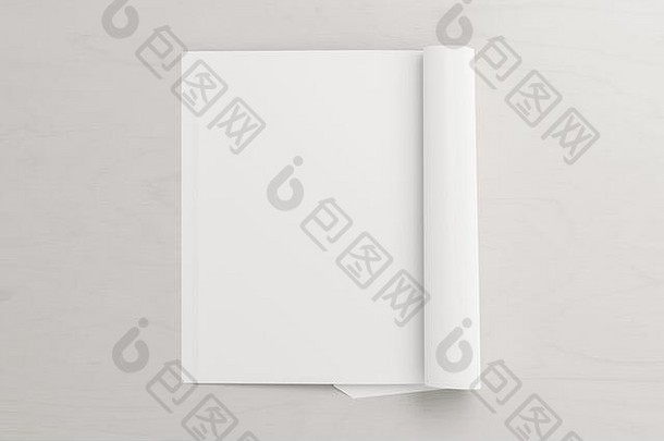 空白垂直左杂志页面工作空间折叠杂志模拟白色桌子上视图插图