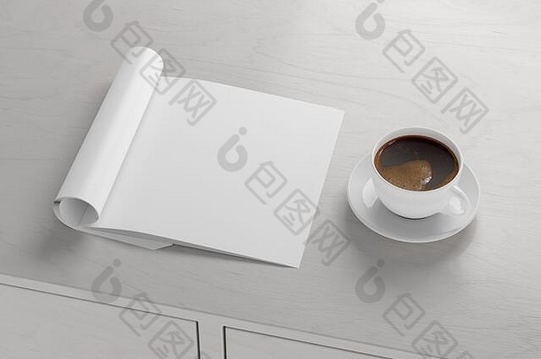 空白广场杂志页面工作空间折叠杂志模拟白色桌子上杯咖啡一边视图插图