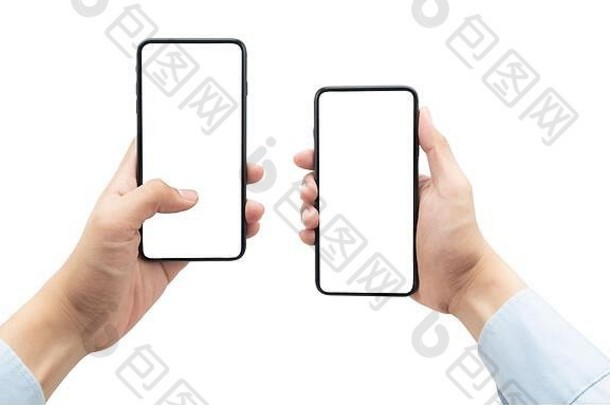 集商人持有黑色的智能手机空白屏幕孤立的白色背景剪裁路径