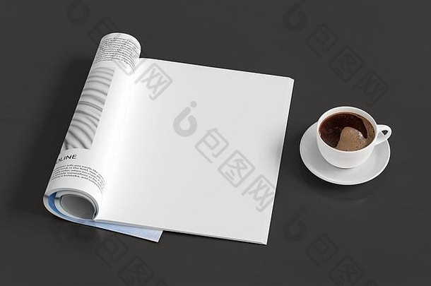 空白杂志页面工作空间杂志模拟黑暗木桌子上杯咖啡一边视图插图