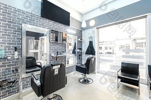 现代明亮的美沙龙头发沙龙室内业务工业最小的黑色的白色装饰镜子椅子屏幕