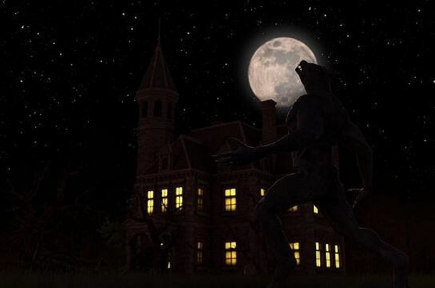 插图狼人完整的月亮房子令人毛骨悚然的森林呈现