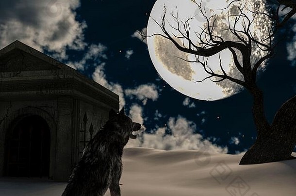 插图狼完整的月亮冬天令人毛骨悚然的树地下室呈现