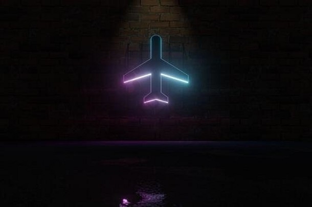 呈现蓝色的紫罗兰色的霓虹灯象征飞机前视图黑暗砖墙背景湿模糊反射