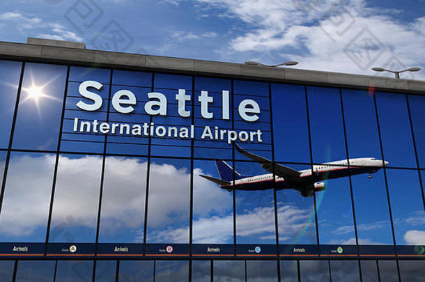 飞机飞机着陆西雅图华盛顿美国呈现插图到来城市玻璃机场终端反射