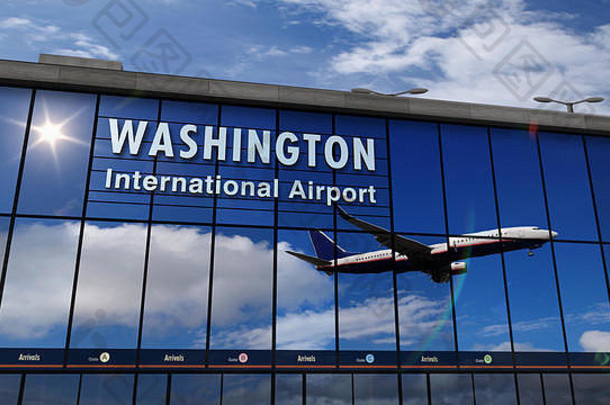 飞机飞机着陆华盛顿美国呈现插图到来城市玻璃机场终端反射计划