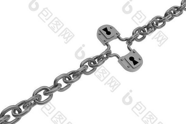 链挂锁双链接黑暗灰色金属插图孤立的水平白色