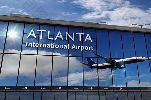 飞机飞机着陆亚特兰大乔治亚州美国呈现插图到来城市玻璃机场终端反射解放军