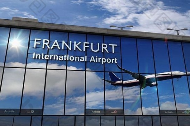 飞机飞机着陆法兰克福德国欧洲呈现插图到来城市玻璃机场终端反射