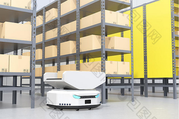 自治移动机器人停车前面货架上仓库自动化概念呈现图像