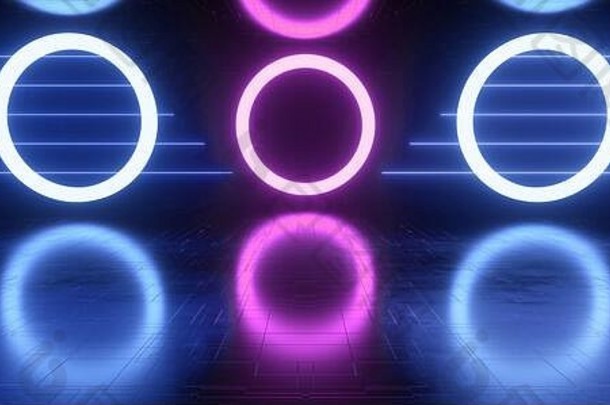霓虹灯圈行发光的sci未来主义的充满活力的网络蓝色的紫色的潘通色卡激光梁形状的黑暗车库地下阶段俱乐部呈现伊鲁