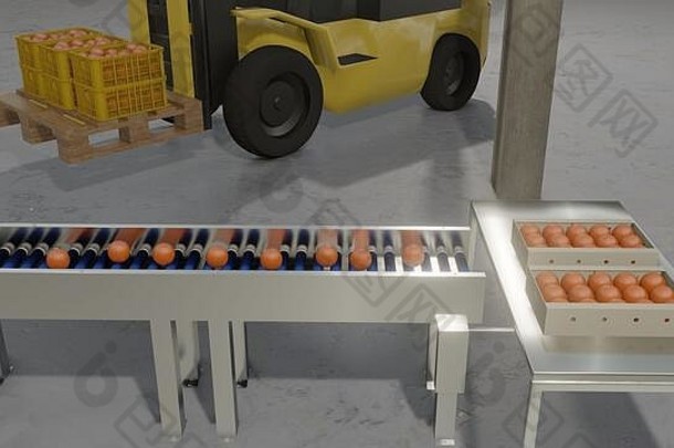 生产行包橙色盒子输送机呈现图像