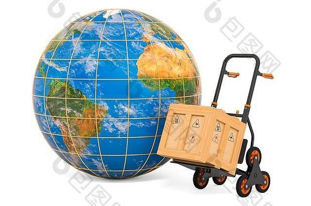 全球航运交付概念包裹手卡车地球全球呈现孤立的白色背景