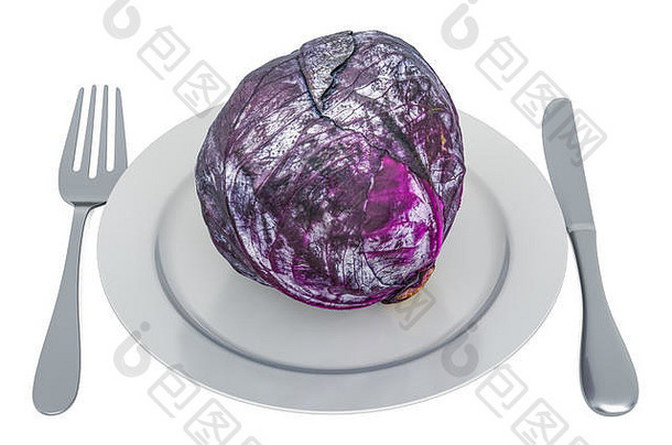 新鲜的紫色的卷心菜板叉刀呈现孤立的白色背景
