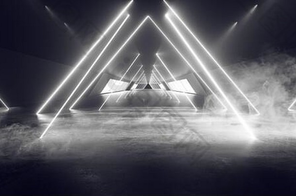 霓虹灯聚光灯烟雾发光的白色三角形网络复古的现代工作室阶段讲台上隧道走廊空混凝土黑暗呈现插图