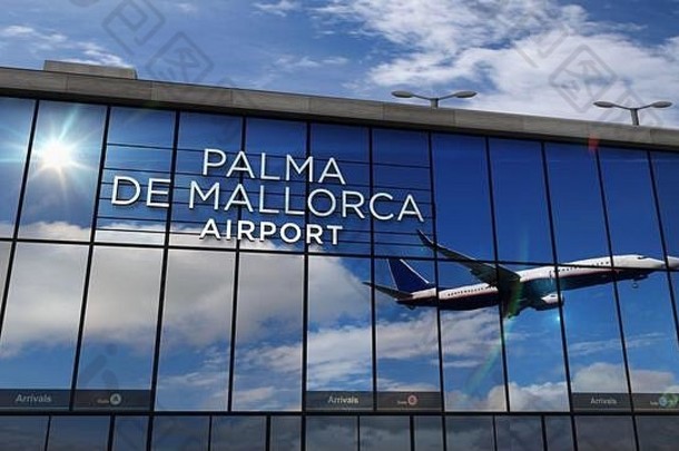 飞机飞机着陆棕榈马略卡岛巴利阿里群岛西班牙呈现插图到来城市玻璃机场终端reflectio