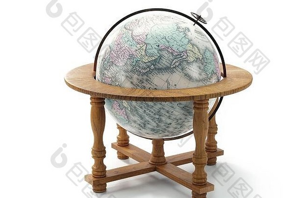 呈现古董世界地图全球木站白色背景元素图像有家具的公共域图书馆