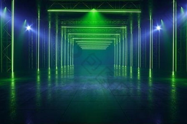 阶段霓虹灯激光发光的sci复古的蓝色的绿色建设跳舞地板上俱乐部黑暗晚上空走廊隧道车库地下网络呈现