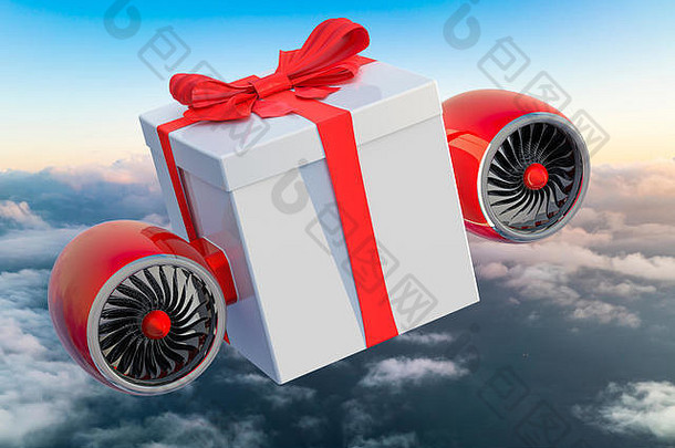 礼物盒子飞机引擎天空礼物快交付概念呈现