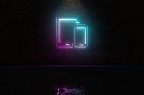 呈现蓝色的紫罗兰色的霓虹灯象征平板电脑细胞电话黑暗砖墙背景湿模糊反射
