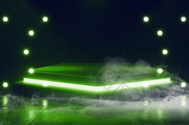 烟雾黑暗sci展示霓虹灯绿色工作室激光发光的阶段讲台上空未来主义的现代网络虚拟充满活力的车库房间呈现生病了