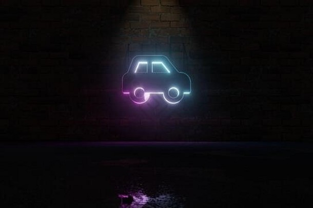 呈现蓝色的紫罗兰色的霓虹灯象征车一边黑暗砖墙背景湿模糊反射