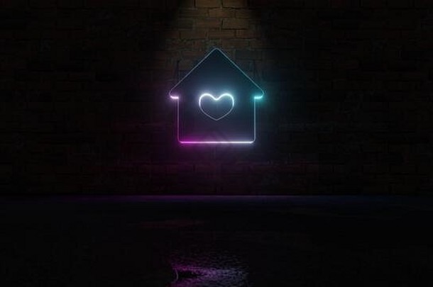 呈现蓝色的紫罗兰色的霓虹灯象征房子心象征黑暗砖墙背景湿模糊反射