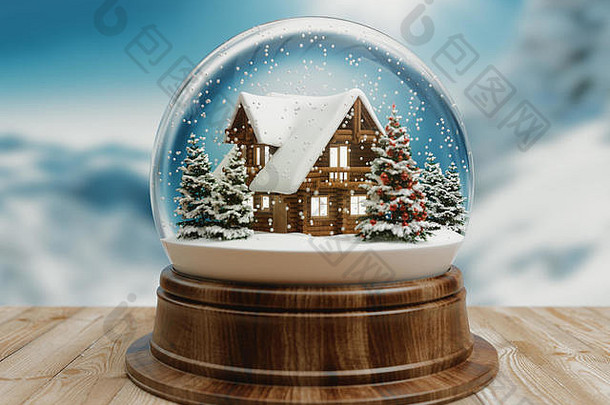 美丽的雪球雪球降雪山房子内部呈现