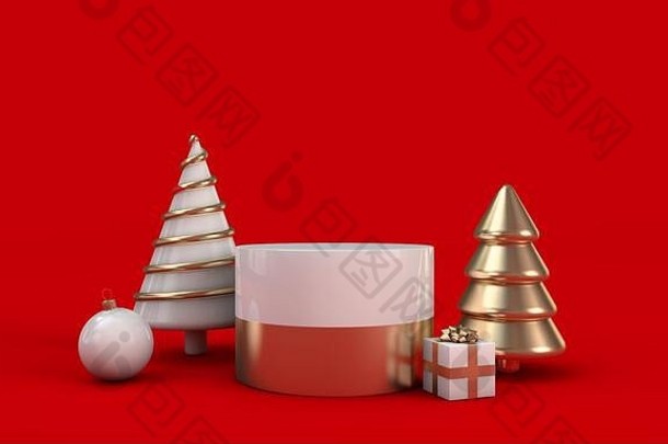 节日圣诞节摘要红色的白色黄金轮讲台上空站渲染