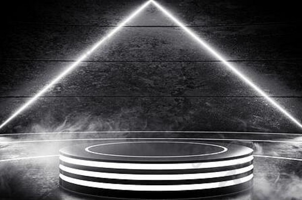 霓虹灯发光的激光背景白色发光的车库地下讲台上场景领导荧光三角形形状的椭圆形形状网络宇宙飞船展厅任